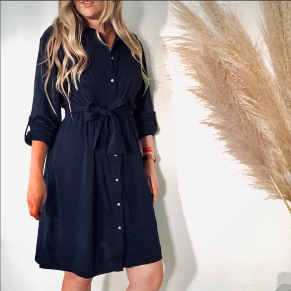 J. Crew Dresses & Skirts - NEW J CREW Navy Button Front Tie Shirt Dress XL